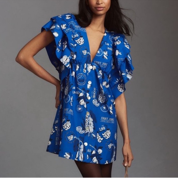 FARM Rio Dresses & Skirts - FARM Rio Blue Ruffle Sleeve Dress with White Tropical Print